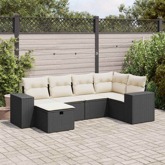 6-delige Loungeset met kussens poly rattan zwart