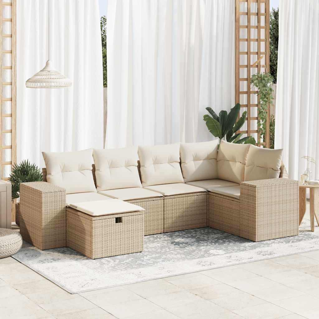 6-delige Loungeset met kussens poly rattan beige