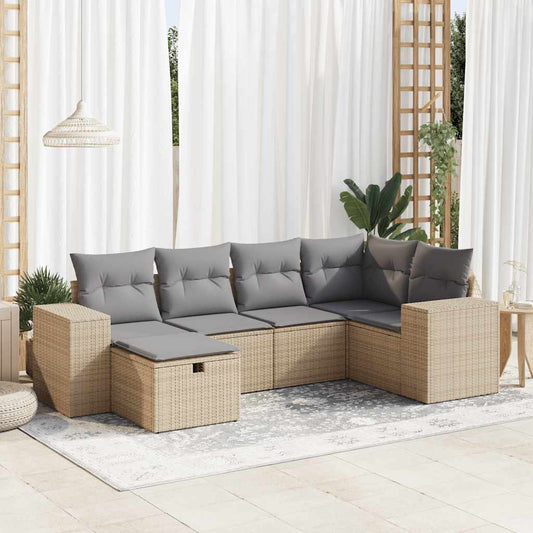 6-delige Loungeset met kussens poly rattan beige