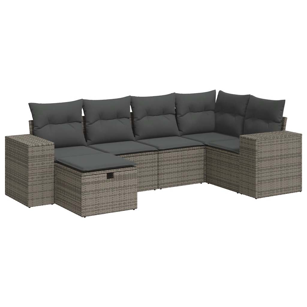 6-delige Loungeset met kussens poly rattan grijs