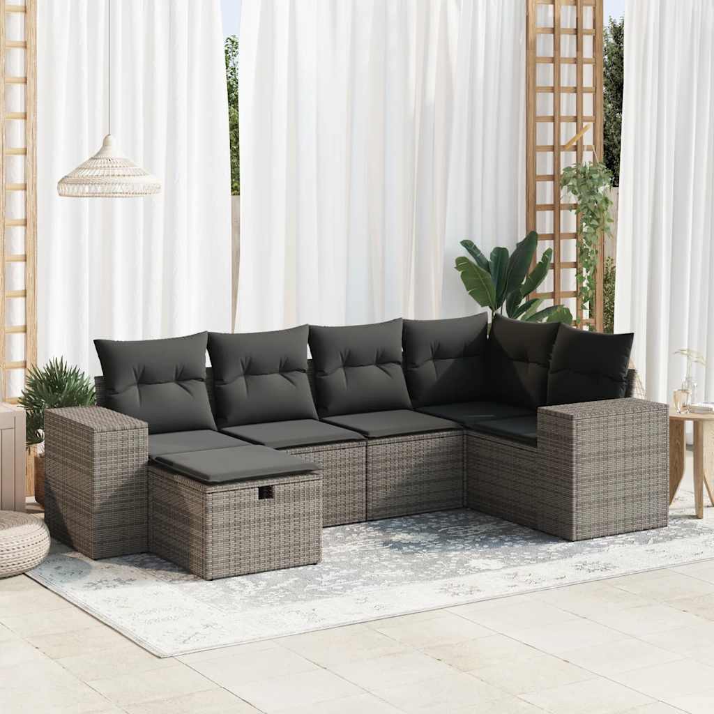 6-delige Loungeset met kussens poly rattan grijs