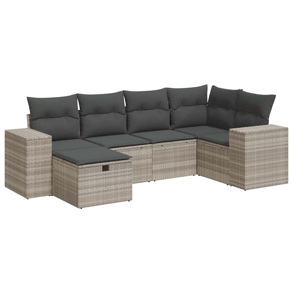 6-delige Loungeset met kussens poly rattan lichtgrijs