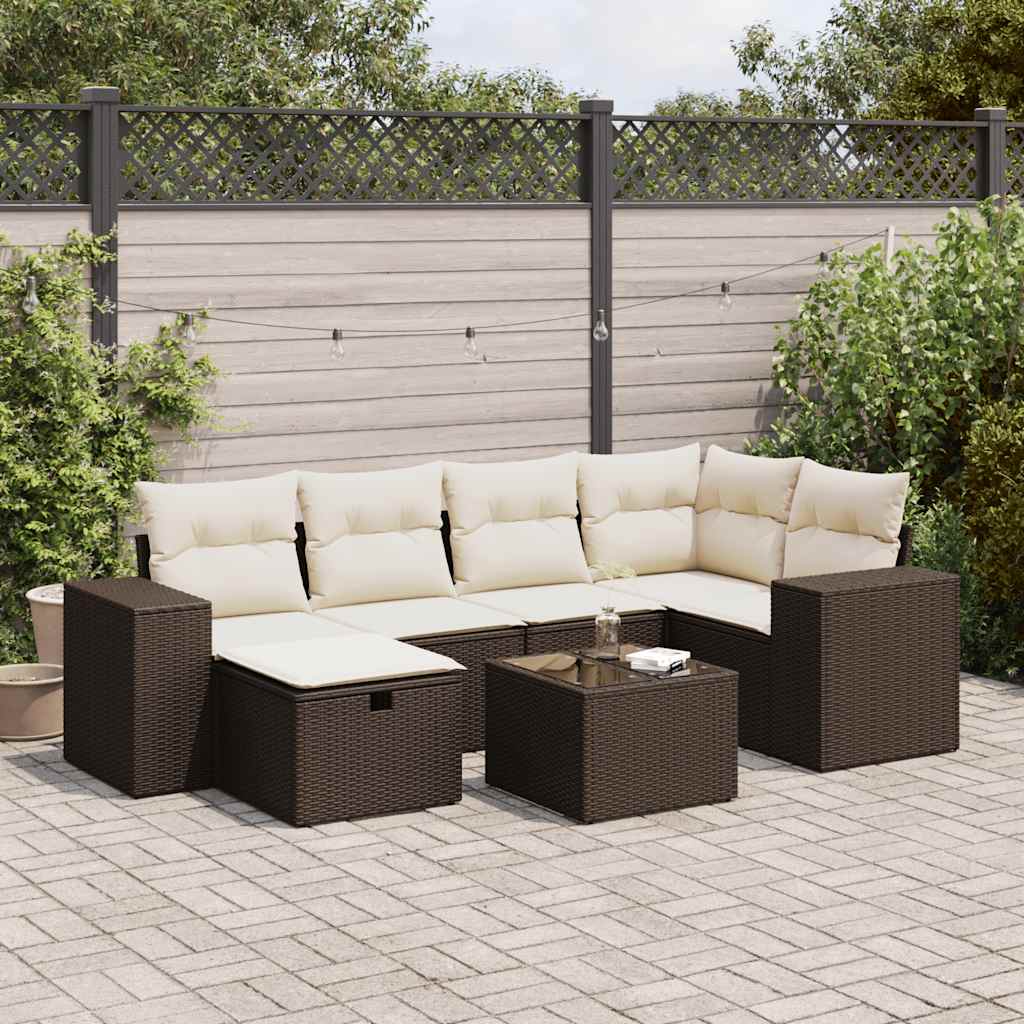 7-delige Loungeset met kussens poly rattan bruin