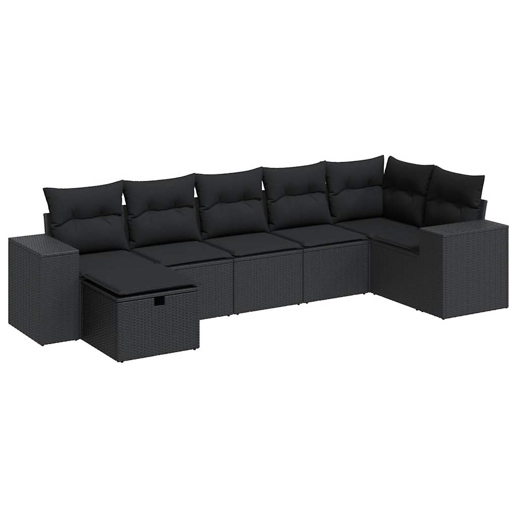 7-delige Loungeset met kussens poly rattan zwart