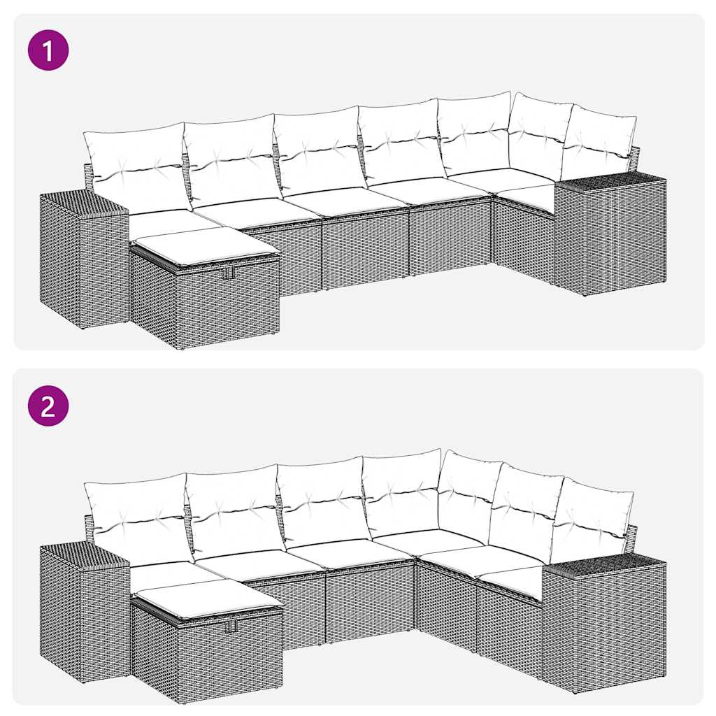 7-delige Loungeset met kussens poly rattan zwart