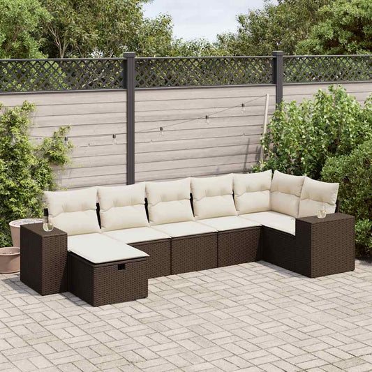 7-delige Loungeset met kussens poly rattan bruin