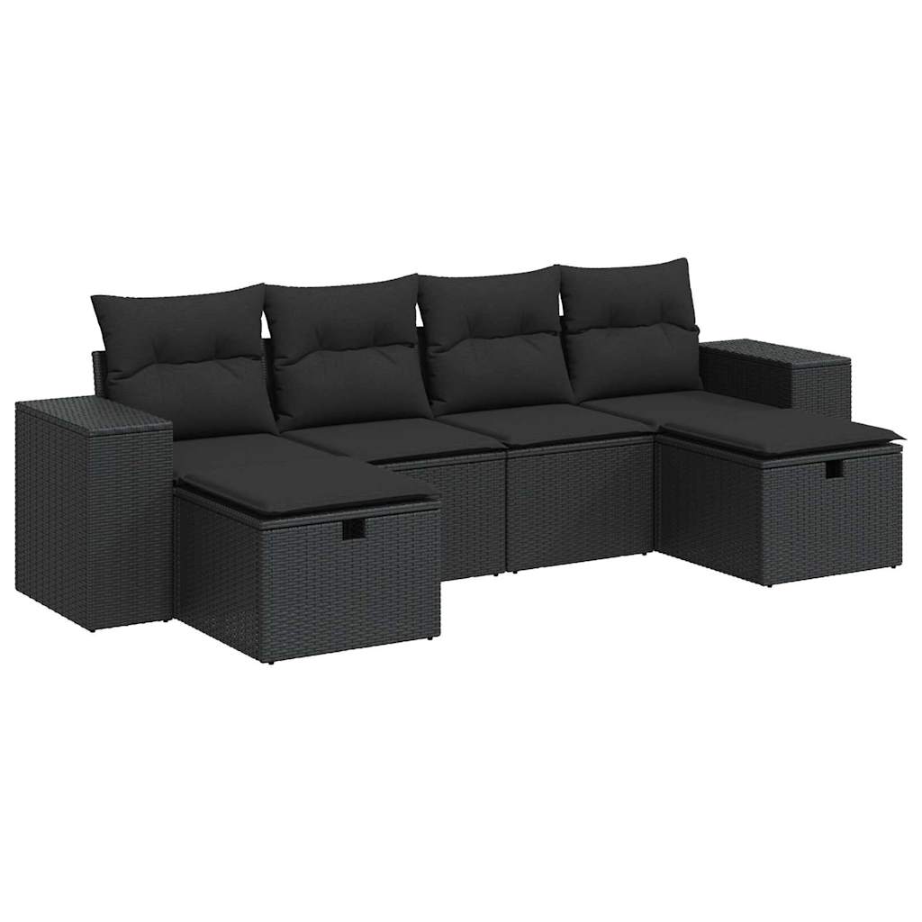 6-delige Loungeset met kussens poly rattan zwart