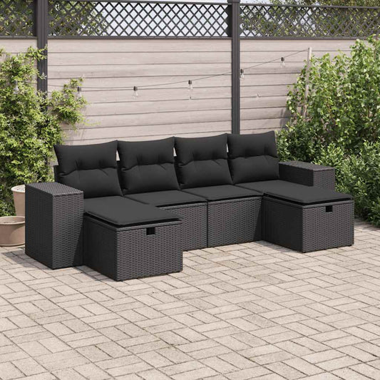 6-delige Loungeset met kussens poly rattan zwart