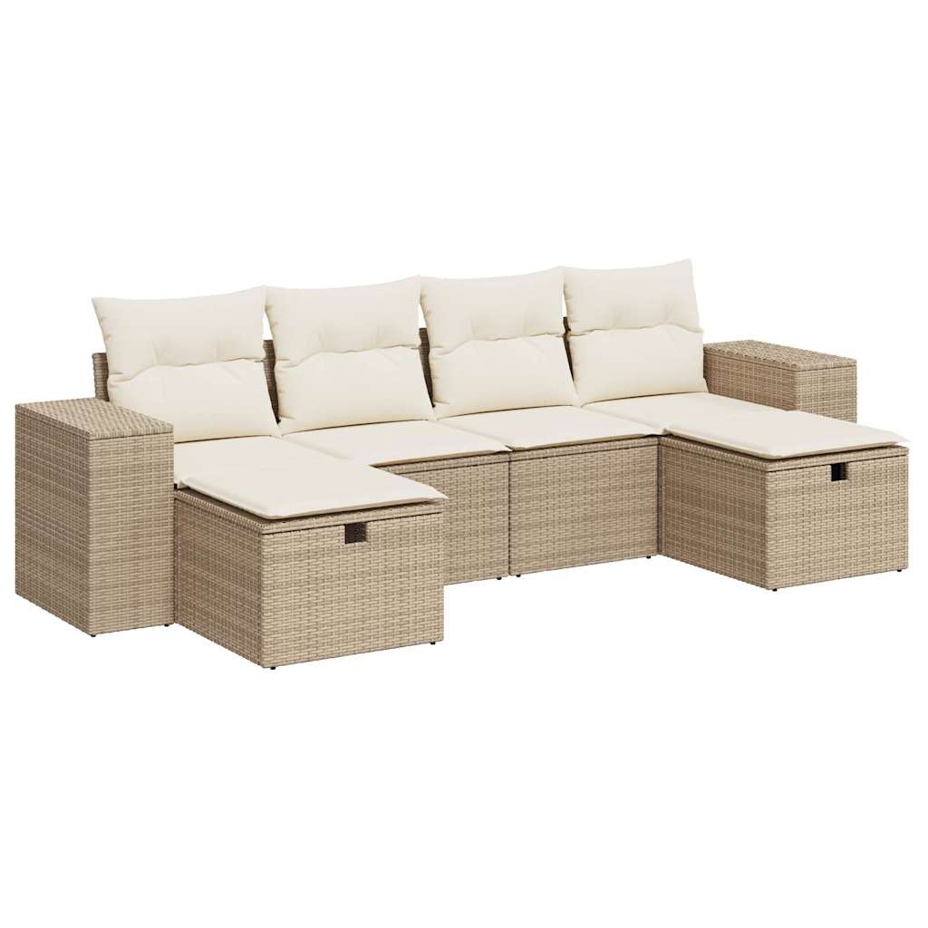 6-delige Loungeset met kussens poly rattan beige