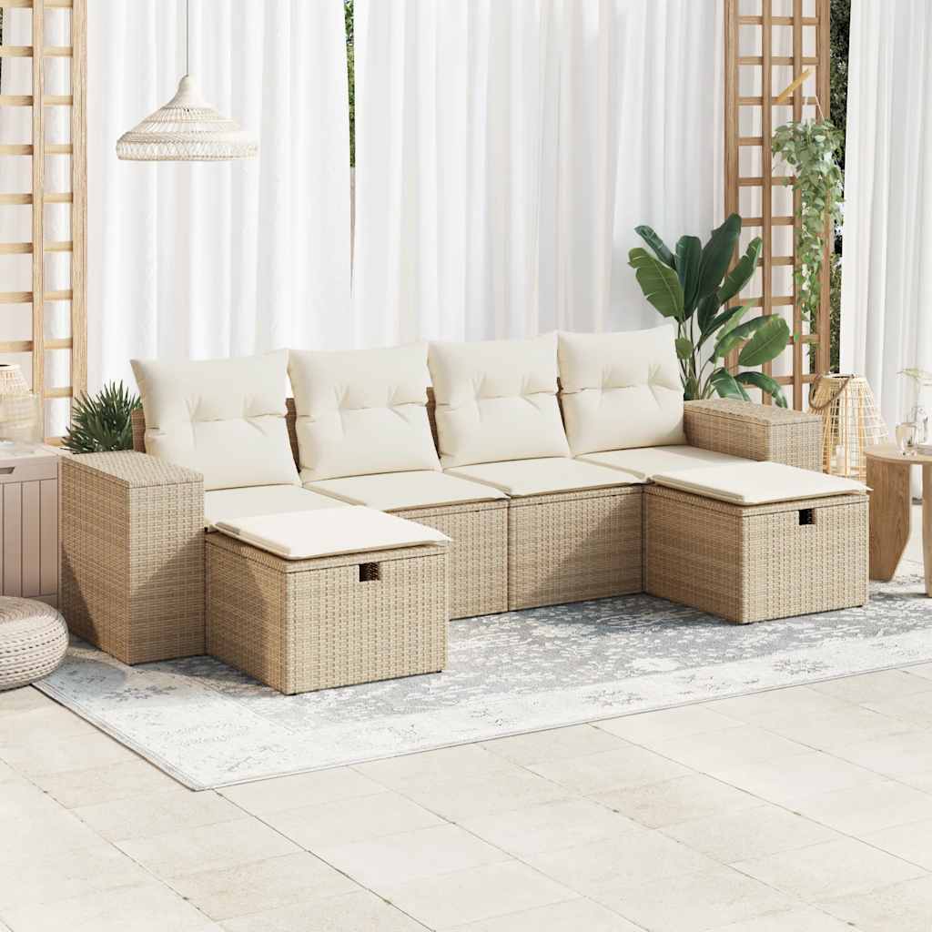 6-delige Loungeset met kussens poly rattan beige