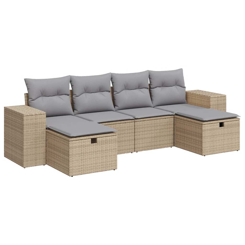 6-delige Loungeset met kussens poly rattan beige