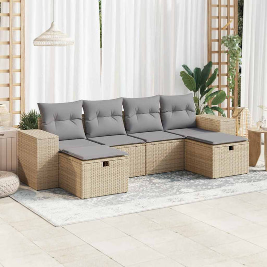 6-delige Loungeset met kussens poly rattan beige