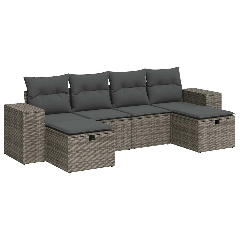 6-delige Loungeset met kussens poly rattan grijs