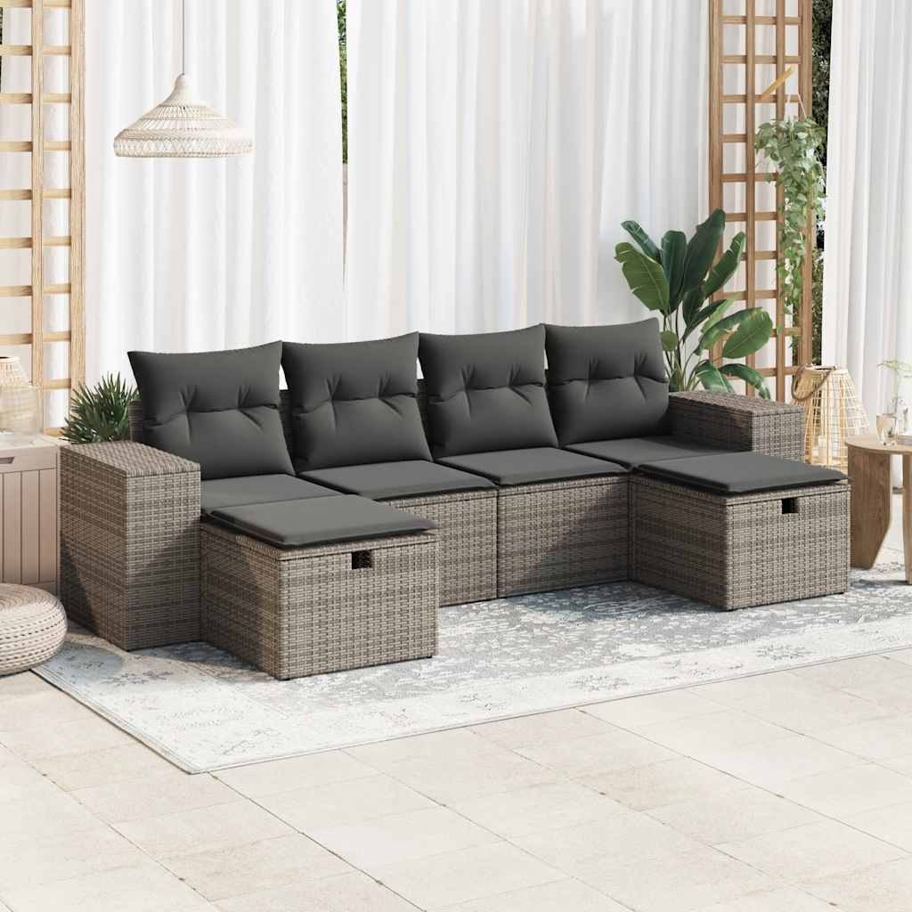 6-delige Loungeset met kussens poly rattan grijs