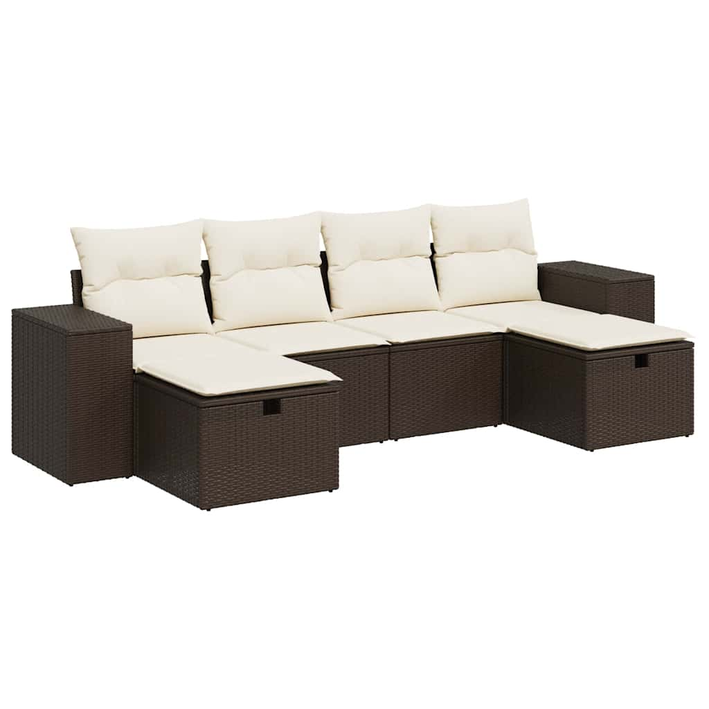 6-delige Loungeset met kussens poly rattan bruin