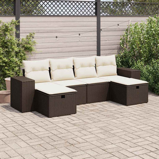 6-delige Loungeset met kussens poly rattan bruin