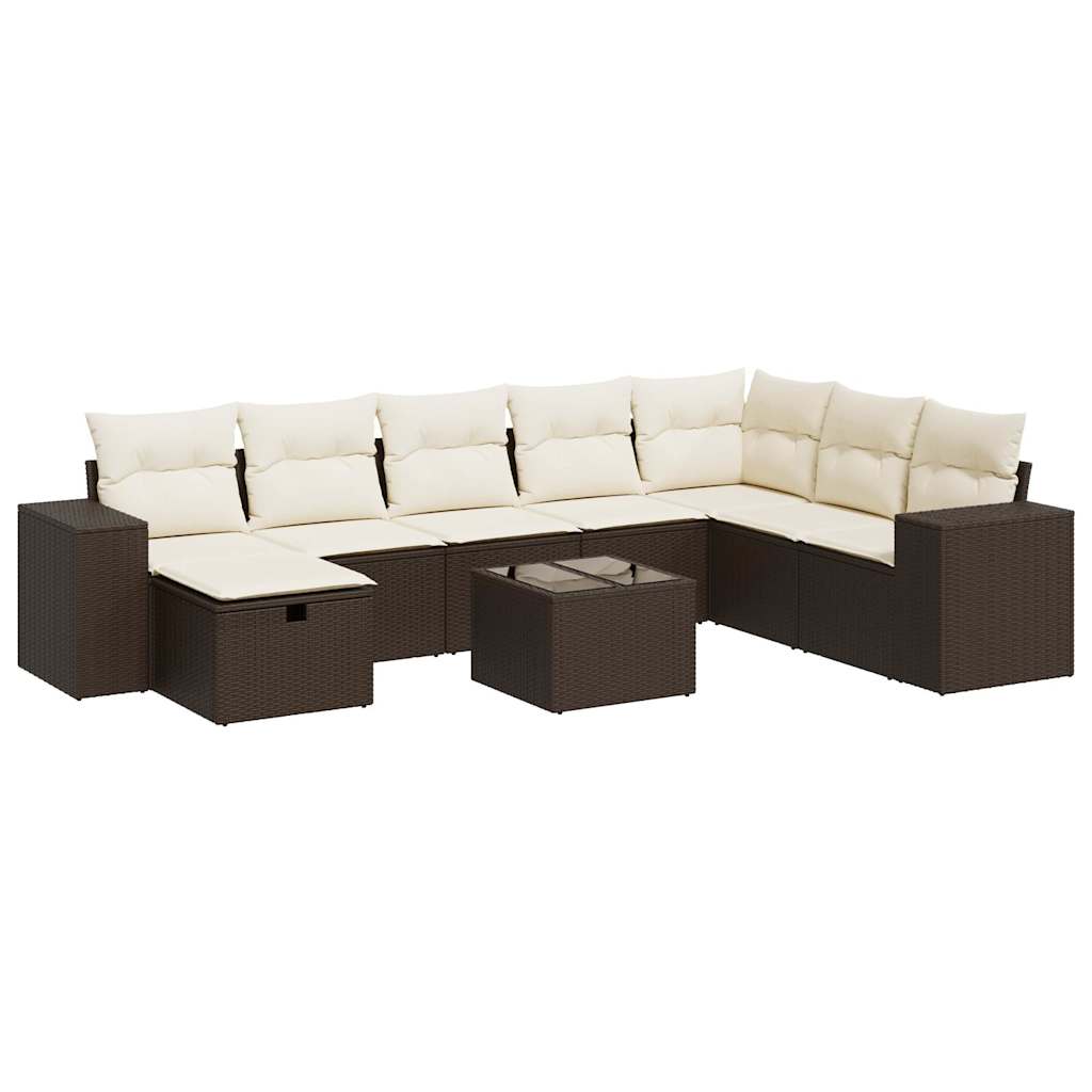 9-delige Loungeset met kussens poly rattan bruin