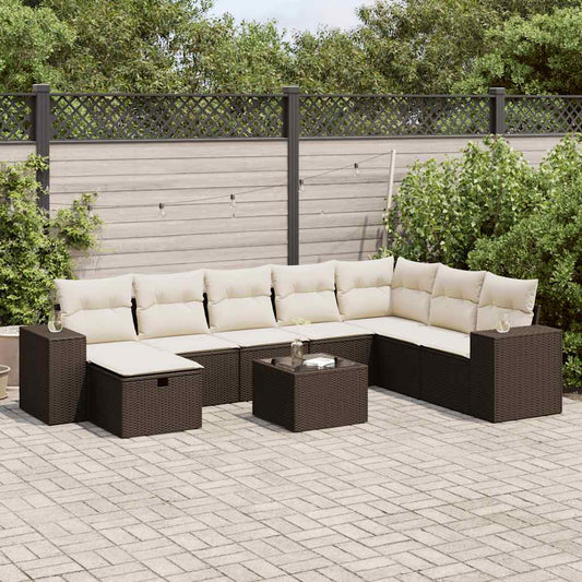 9-delige Loungeset met kussens poly rattan bruin