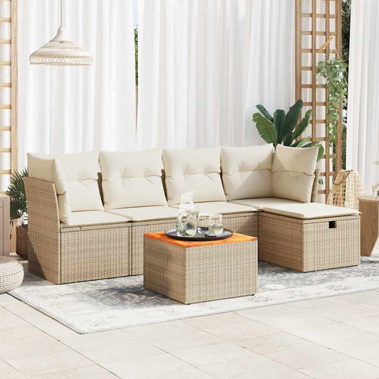 6-delige Loungeset met kussens poly rattan beige