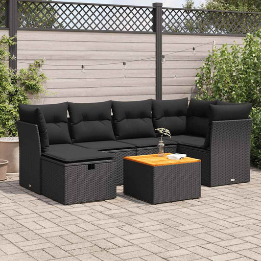 7-delige Loungeset met kussens poly rattan zwart