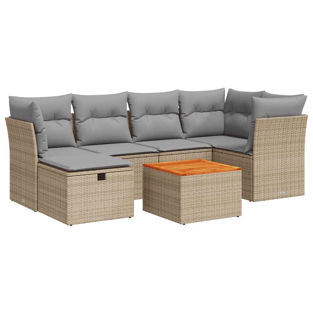 7-delige Loungeset met kussens poly rattan beige