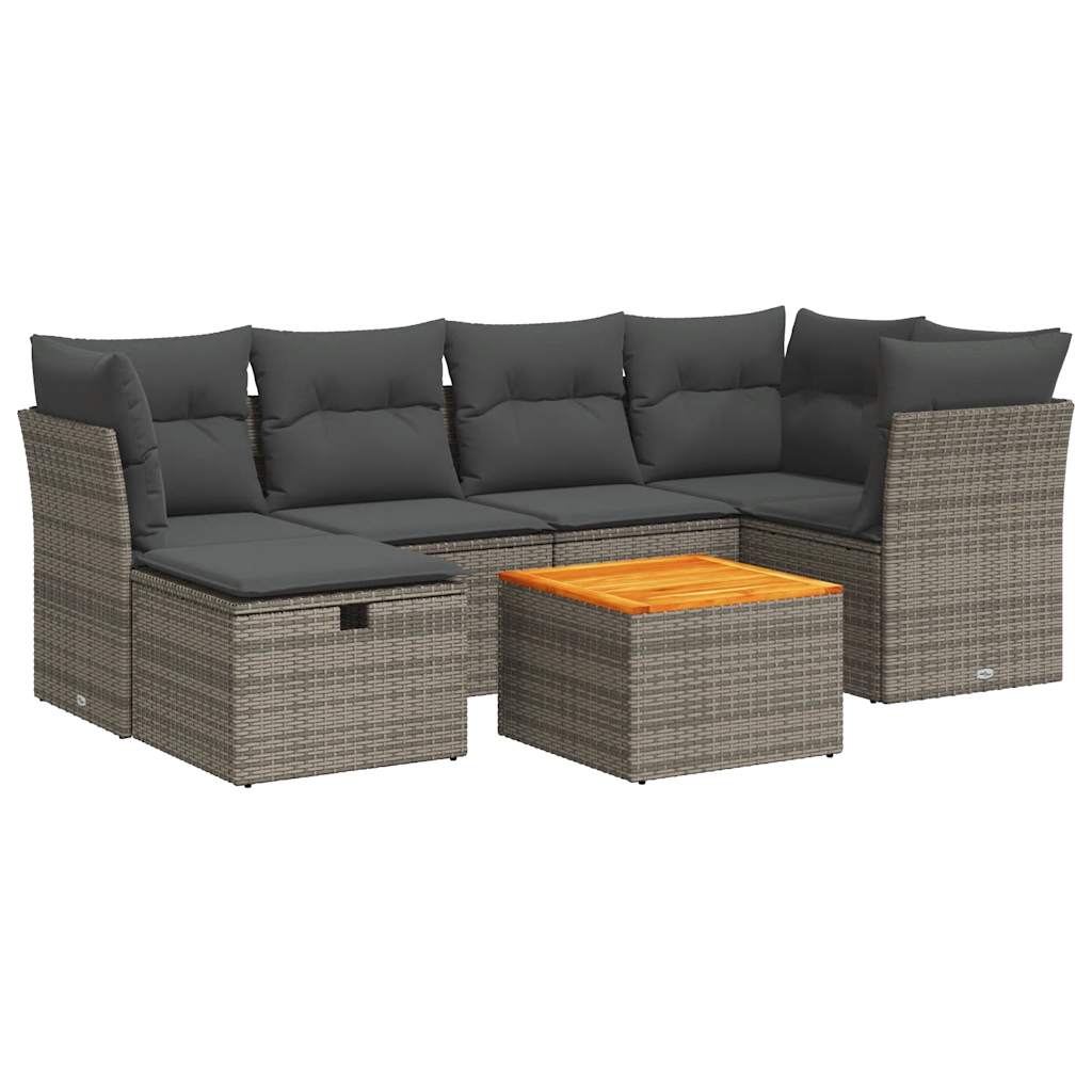 7-delige Loungeset met kussens poly rattan grijs