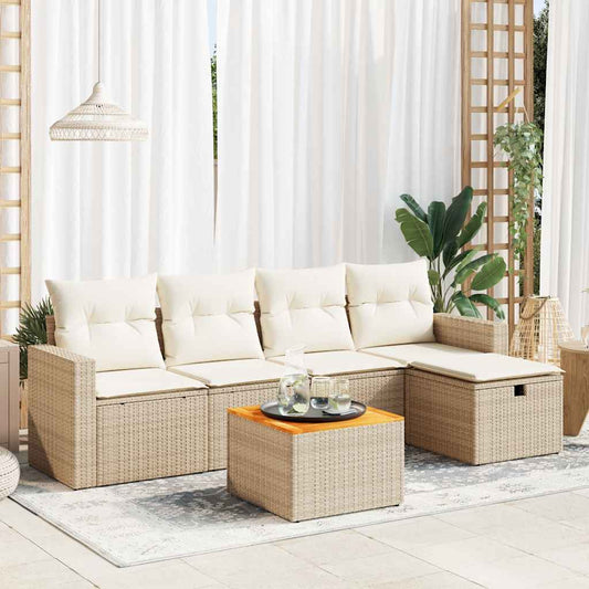 6-delige Loungeset met kussens poly rattan beige