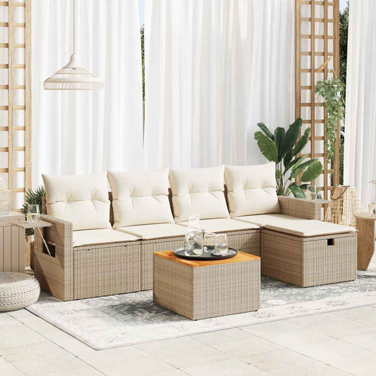 6-delige Loungeset met kussens poly rattan beige