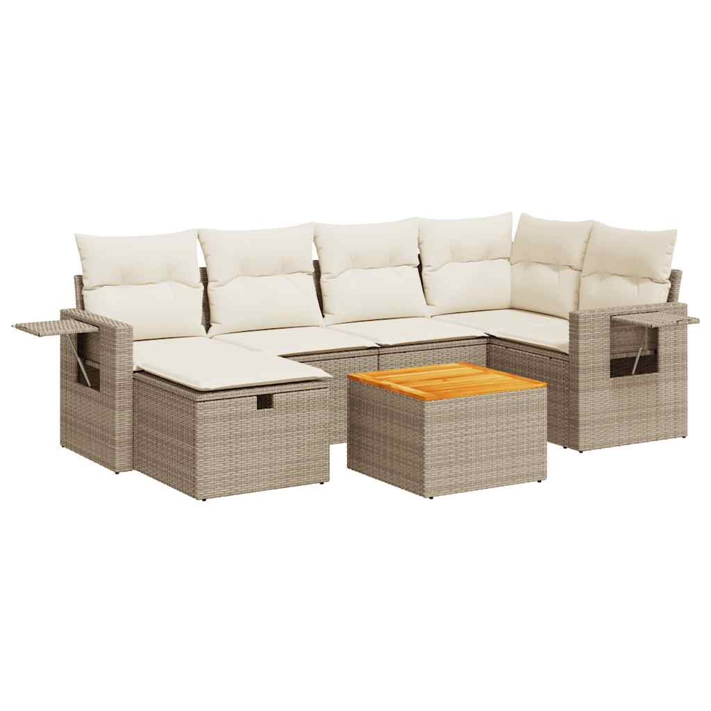 7-delige Loungeset met kussens poly rattan beige