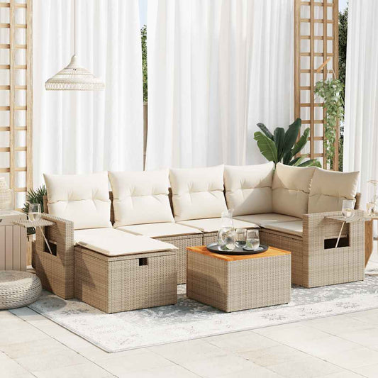 7-delige Loungeset met kussens poly rattan beige