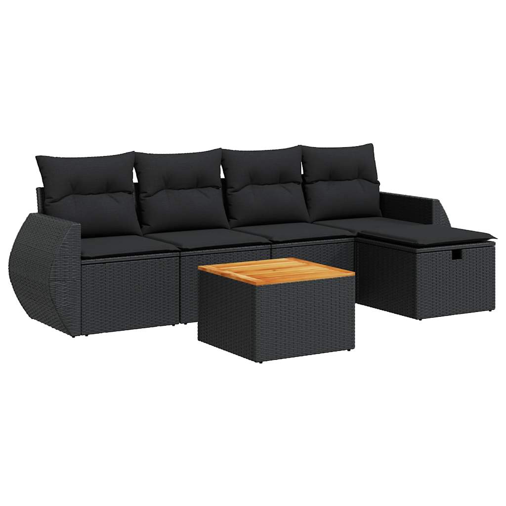 6-delige Loungeset met kussens poly rattan zwart