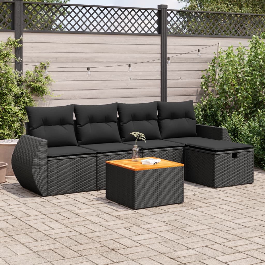 6-delige Loungeset met kussens poly rattan zwart