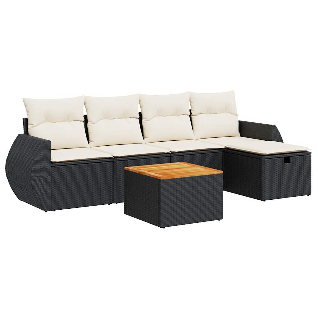 6-delige Loungeset met kussens poly rattan zwart