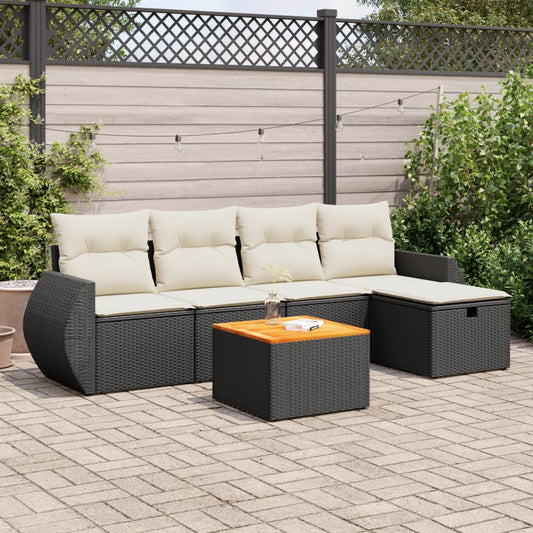 6-delige Loungeset met kussens poly rattan zwart