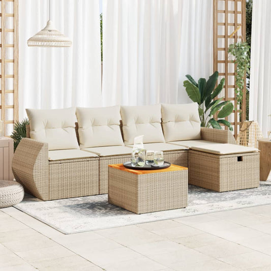 6-delige Loungeset met kussens poly rattan beige