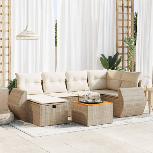 7-delige Loungeset met kussens poly rattan beige