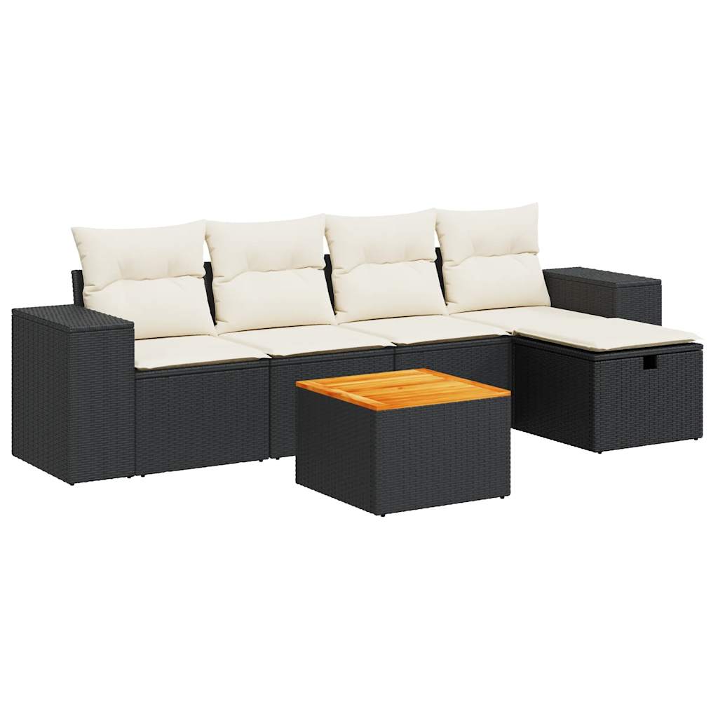 6-delige Loungeset met kussens poly rattan zwart