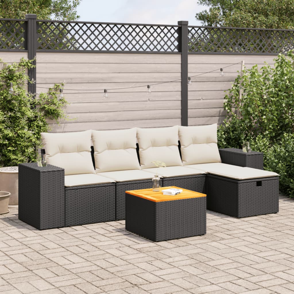 6-delige Loungeset met kussens poly rattan zwart