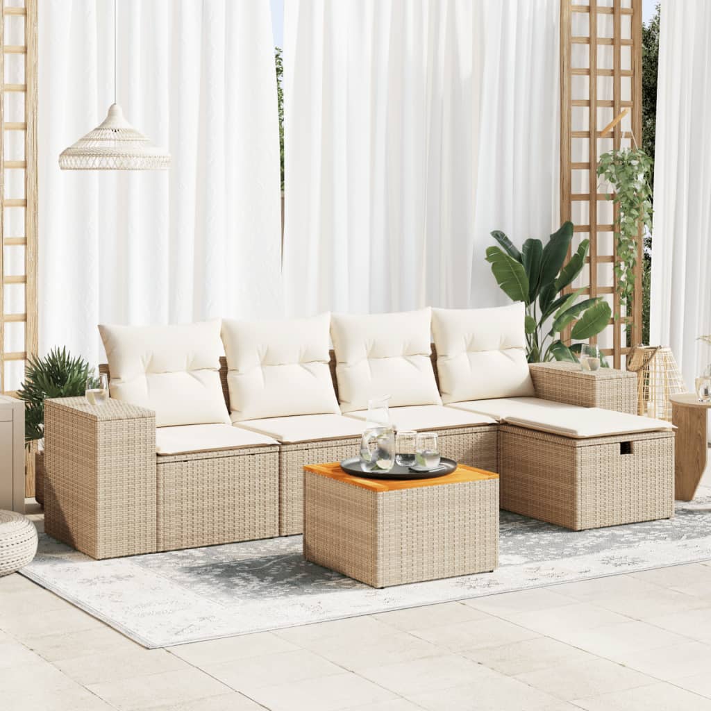 6-delige Loungeset met kussens poly rattan beige