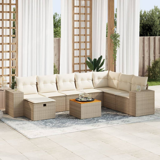 9-delige Loungeset met kussens poly rattan beige