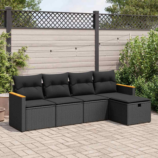 5-delige Loungeset met kussens poly rattan zwart