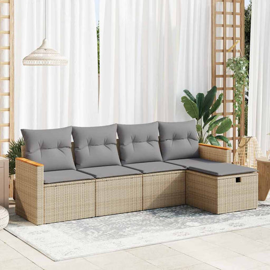 5-delige Loungeset met kussens poly rattan beige