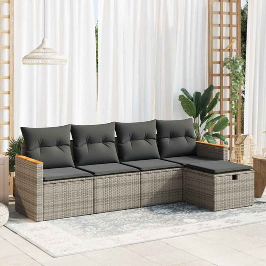 5-delige Loungeset met kussens poly rattan grijs