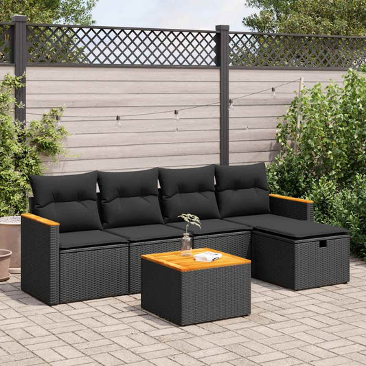 6-delige Loungeset met kussens poly rattan zwart