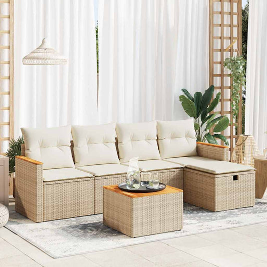 6-delige Loungeset met kussens poly rattan beige