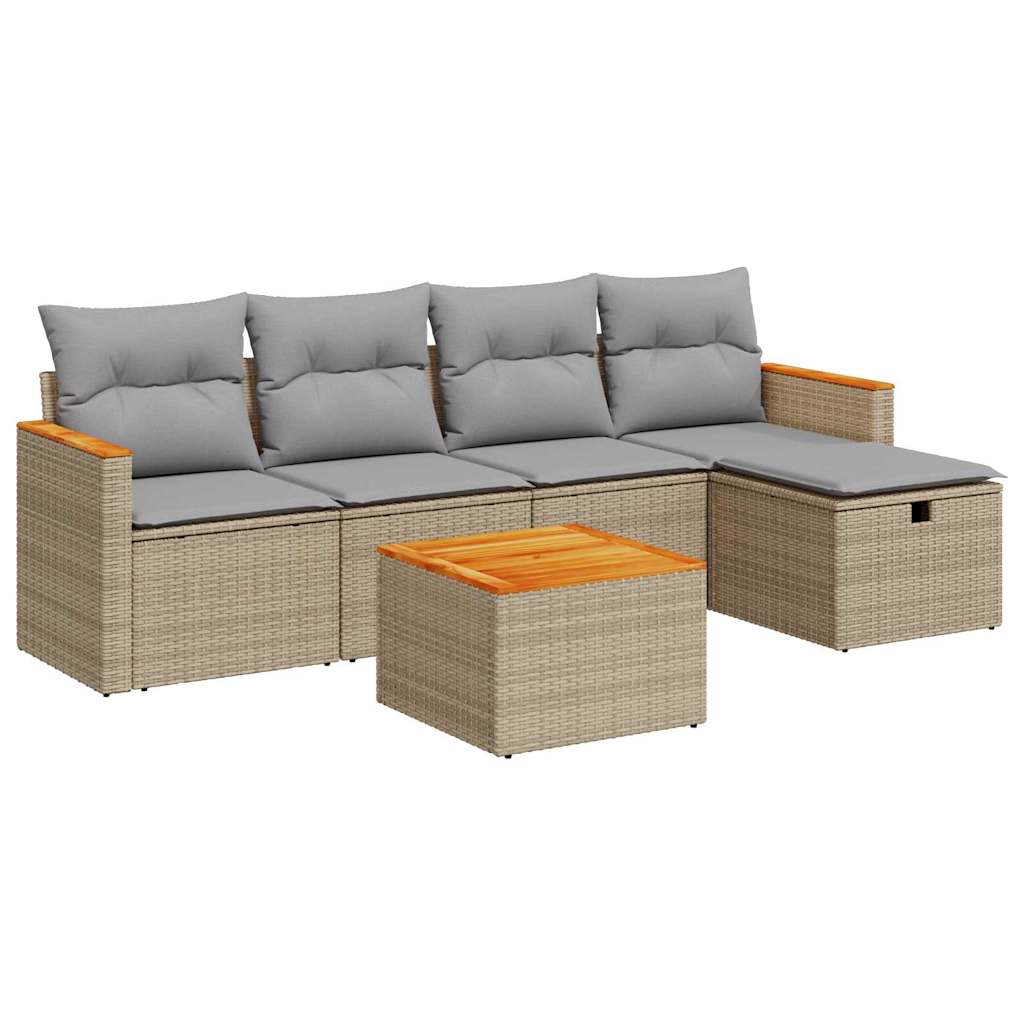 6-delige Loungeset met kussens poly rattan beige