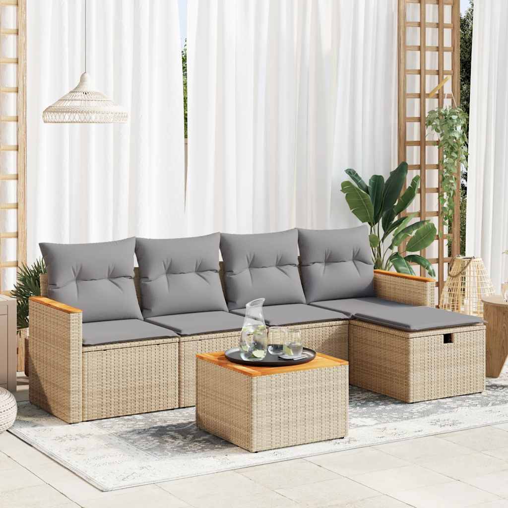 6-delige Loungeset met kussens poly rattan beige