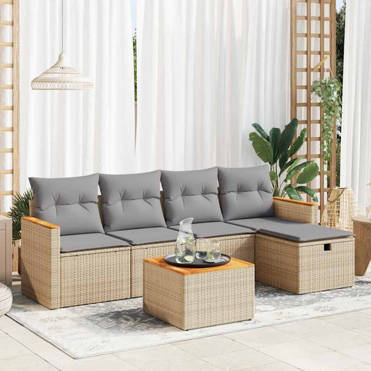 6-delige Loungeset met kussens poly rattan beige