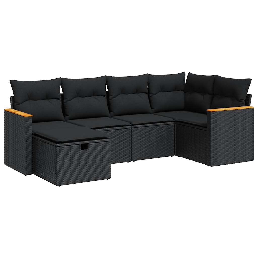 6-delige Loungeset met kussens poly rattan zwart