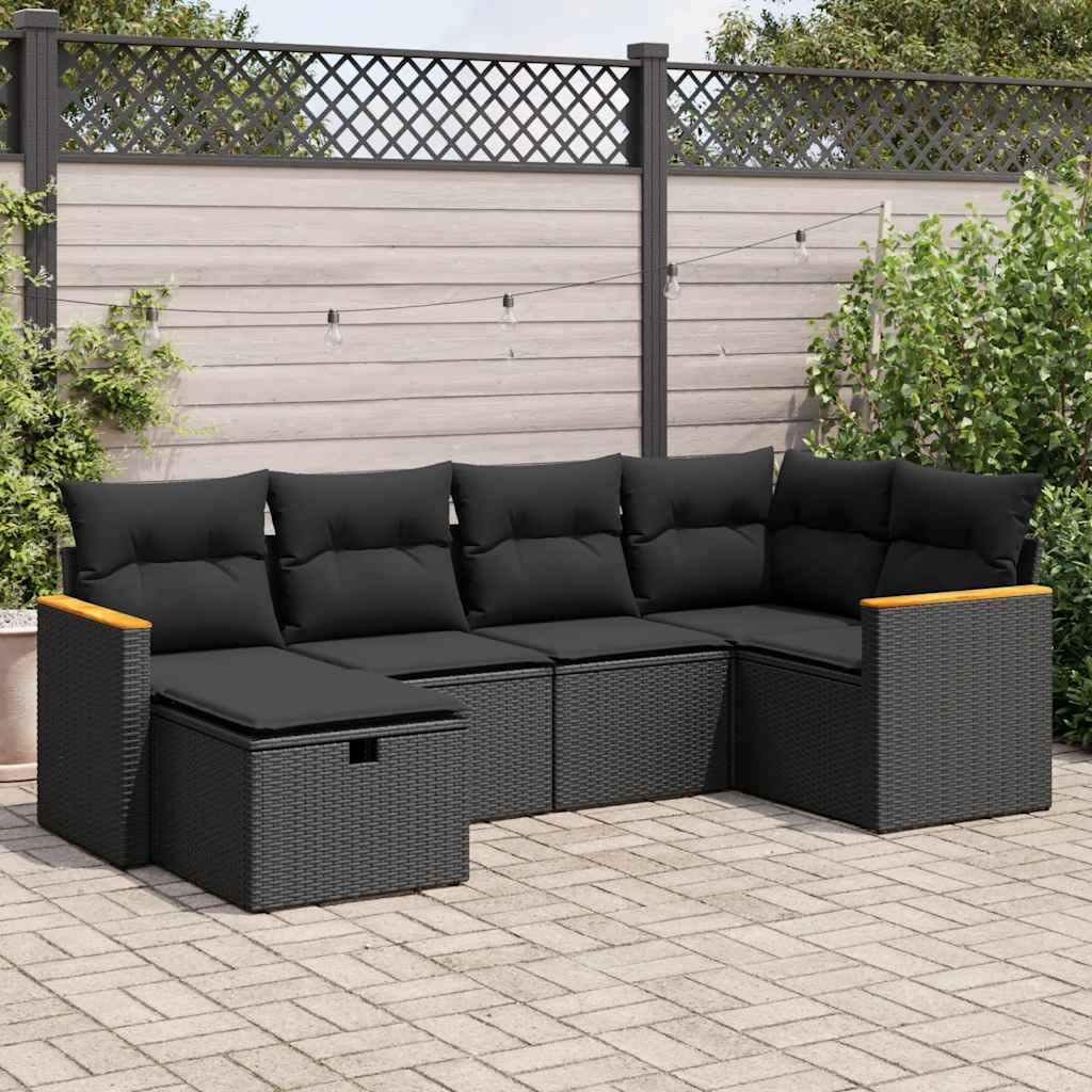 6-delige Loungeset met kussens poly rattan zwart